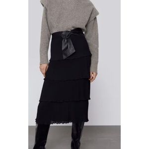 Zara Black Midi Skirt with Leather Belt